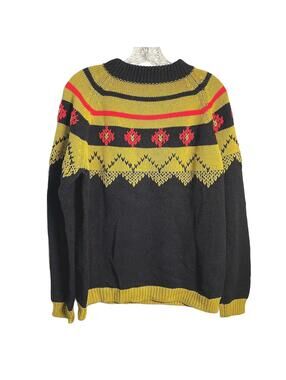 Vintage Black & Gold Hand Knit Fair Isle Heavy Pullover Sweater Size L Cottage